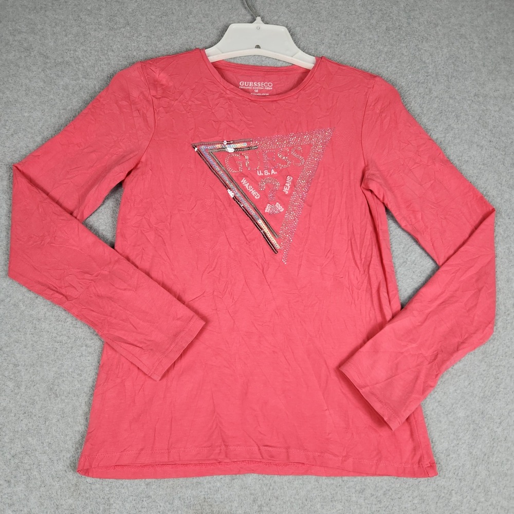 GUESS Long Sleeve Shirt Girls 14 Coral Pink Cotton Crew Neck Rhinestone Logo